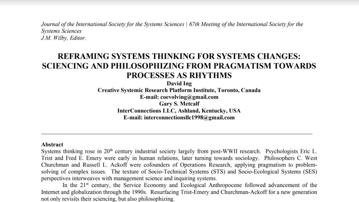 Reframing Systems Thinking for Systems Changes: Sciencing and Philosophizing from Pragmatism towards Processes as Rhythms | JISSS